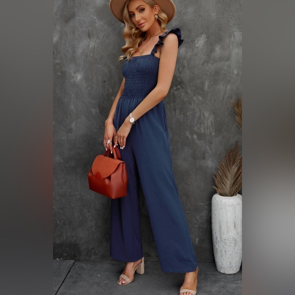 Navy Blue Smocked Wide Leg Ruffle Strap Jumpsuit with Pockets City Chic NEW